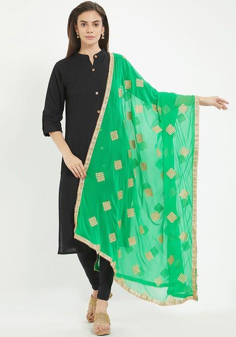Green And Gold Toned Embroidered Dupatta