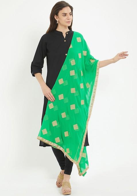 Green And Gold Toned Embroidered Dupatta