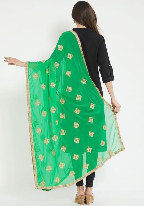 Green And Gold Toned Embroidered Dupatta
