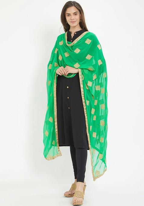 Green And Gold Toned Embroidered Dupatta