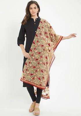 Women Maroon And Gold Toned Embroidered Dupatta