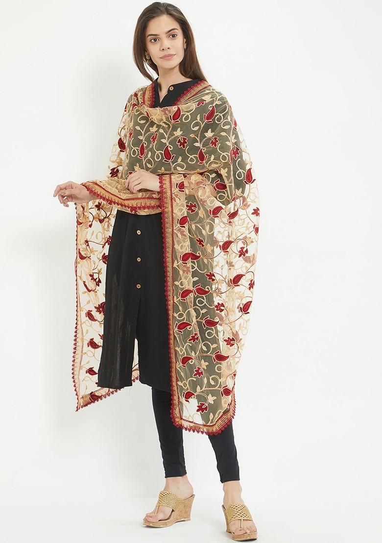 Women Maroon And Gold Toned Embroidered Dupatta