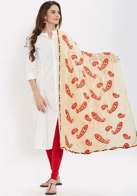 Women Beige And Red Embroidered Dupatta