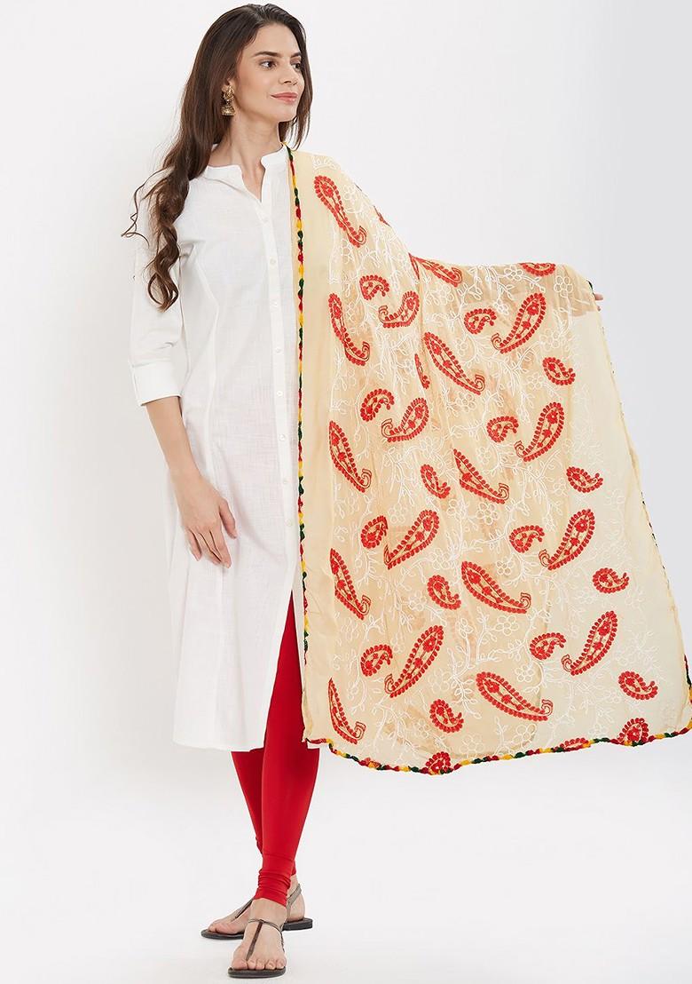 Women Beige And Red Embroidered Dupatta