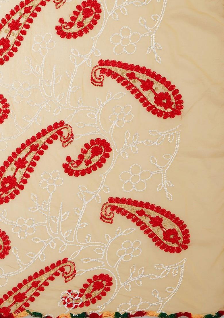 Women Beige And Red Embroidered Dupatta