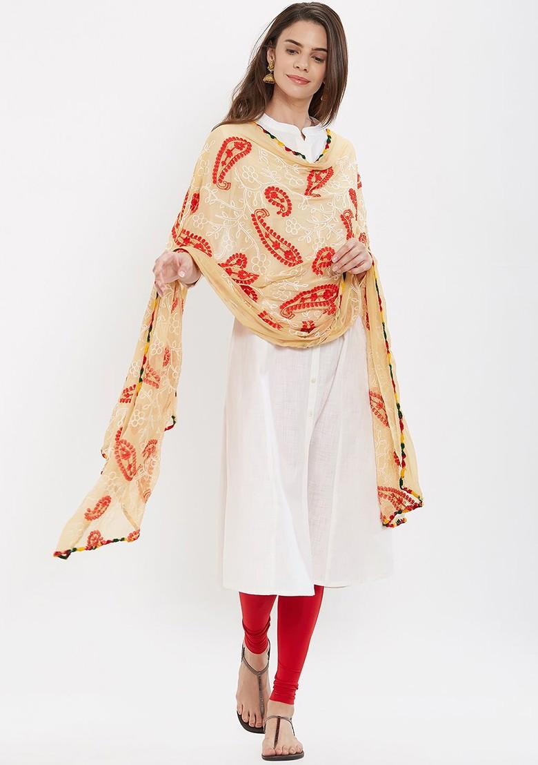 Women Beige And Red Embroidered Dupatta