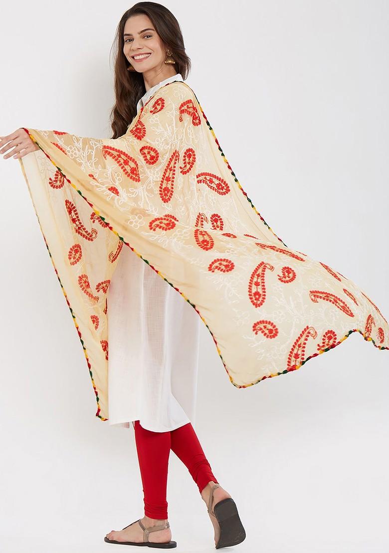 Women Beige And Red Embroidered Dupatta