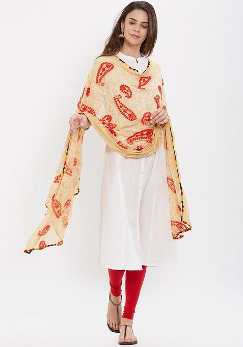 Women Beige And Red Embroidered Dupatta