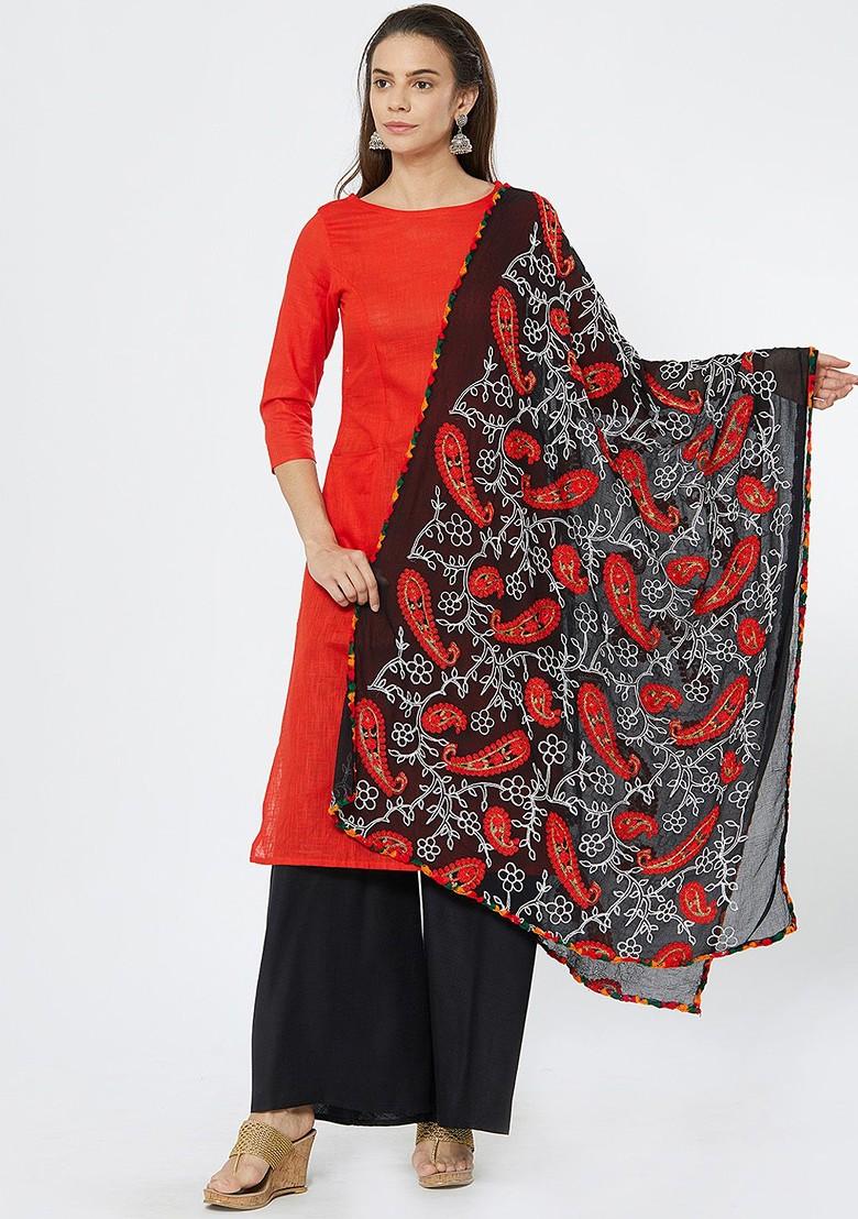 Women Black And Red Embroidered Dupatta
