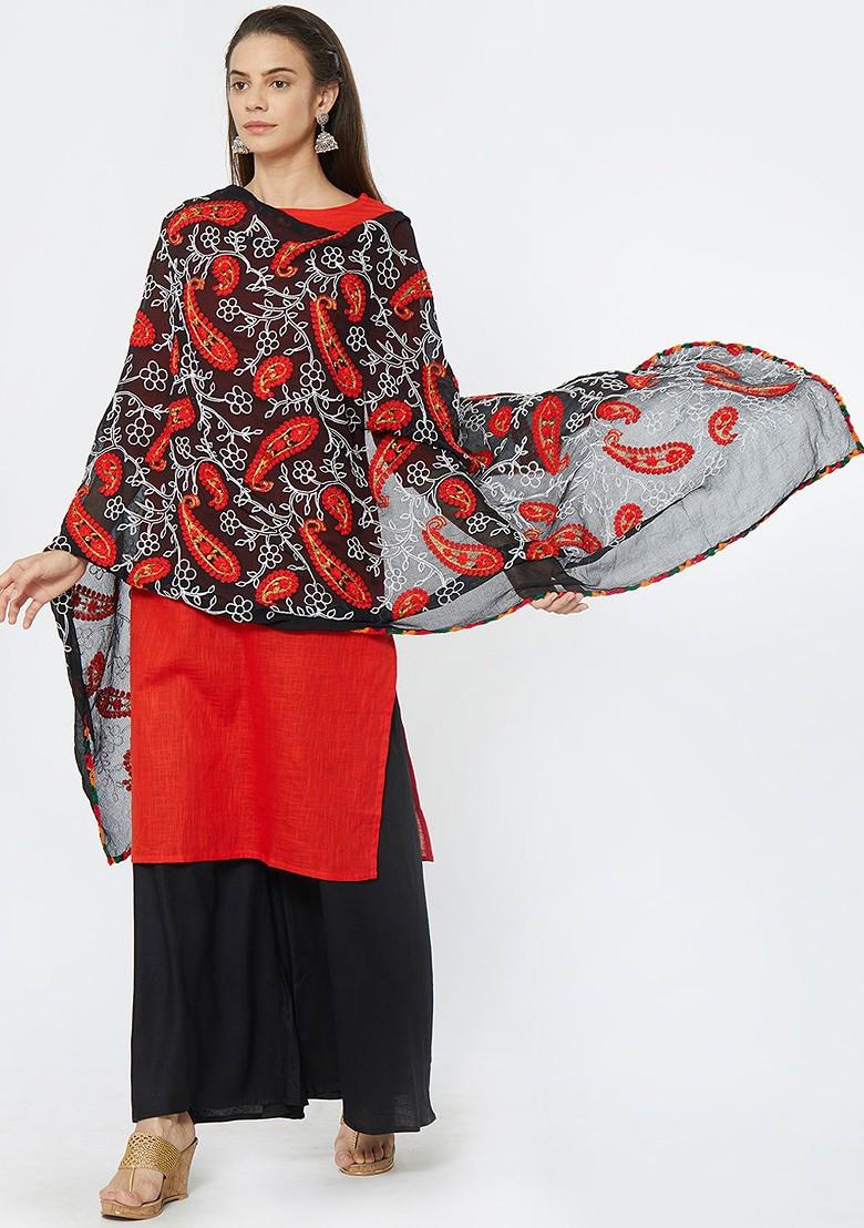 Women Black And Red Embroidered Dupatta