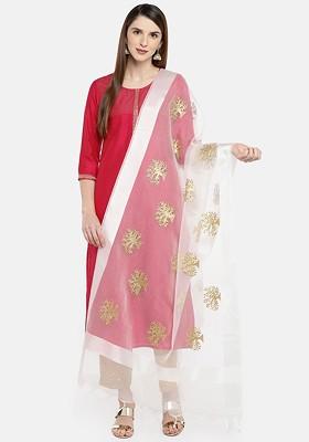 White And Gold Coloured Embroidered Dupatta