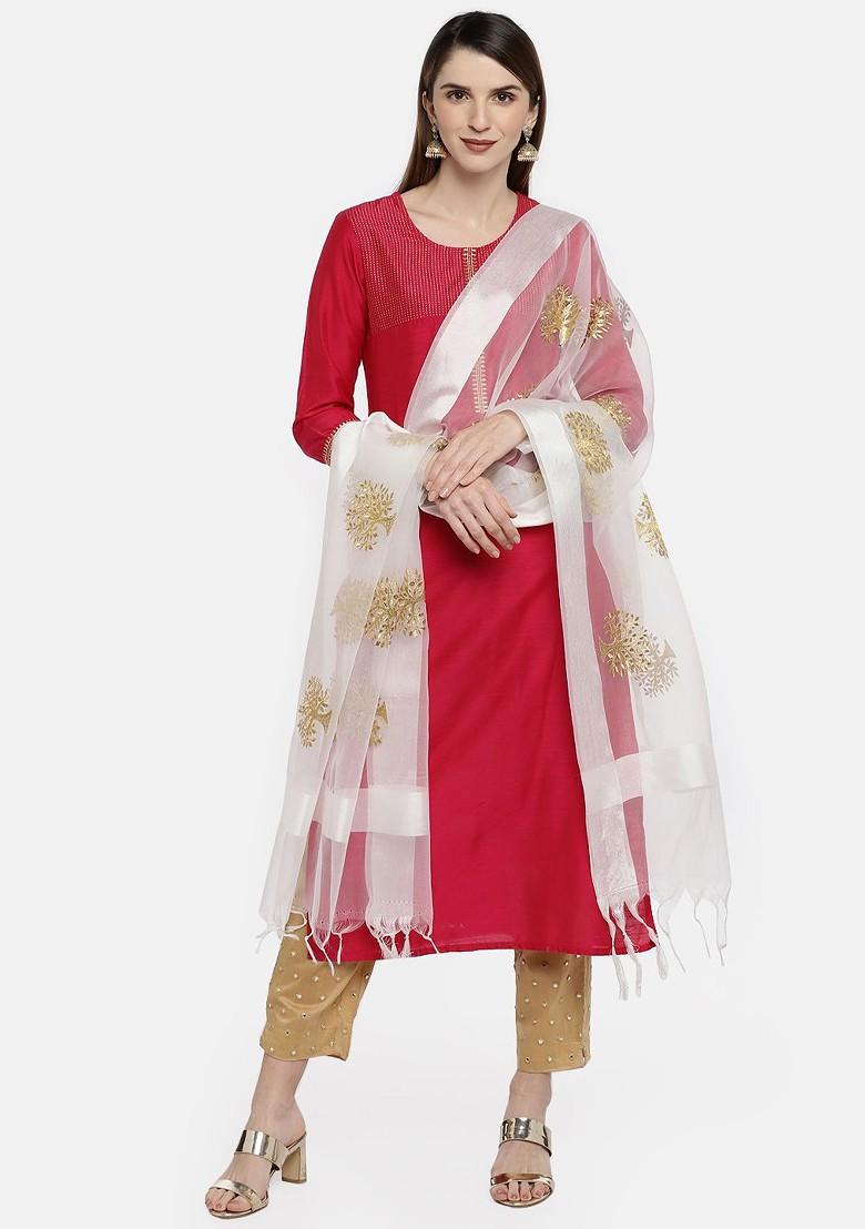 White And Gold Coloured Embroidered Dupatta