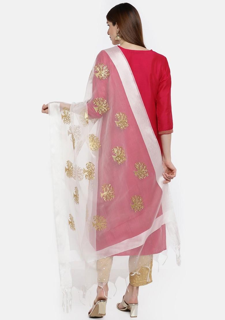 White And Gold Coloured Embroidered Dupatta