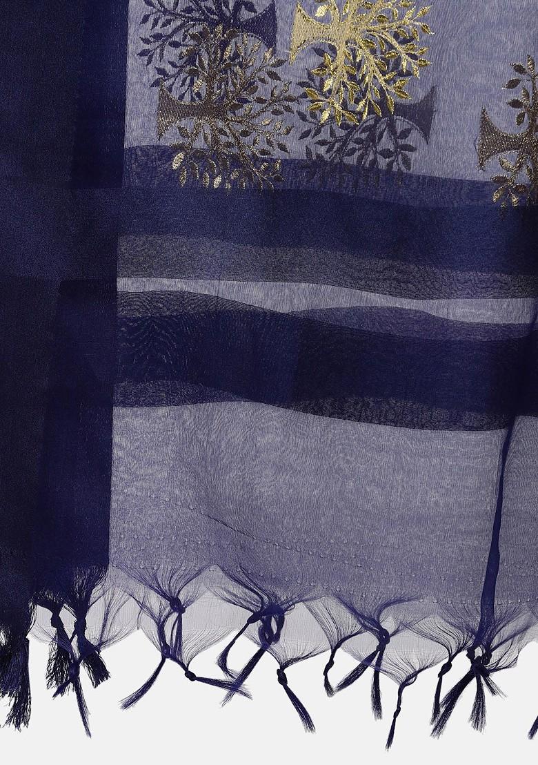 Blue And Gold Coloured Embroidered Dupatta