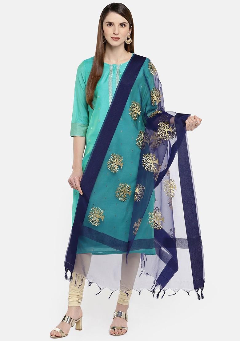 Blue And Gold Coloured Embroidered Dupatta