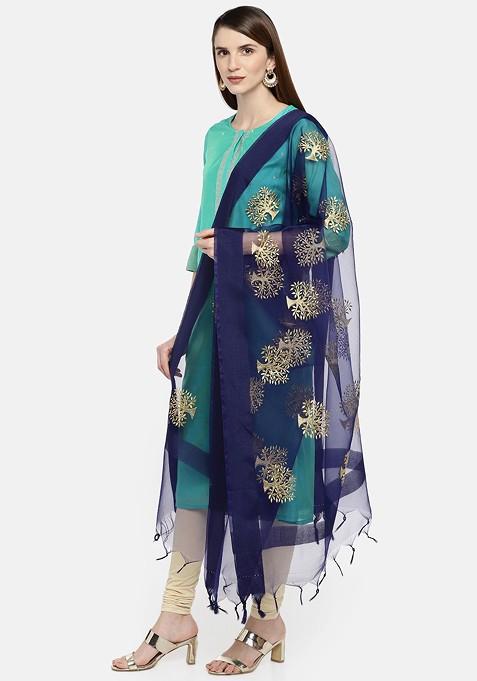 Blue And Gold Coloured Embroidered Dupatta