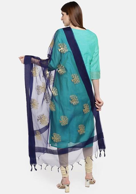 Blue And Gold Coloured Embroidered Dupatta