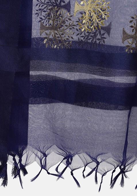 Blue And Gold Coloured Embroidered Dupatta
