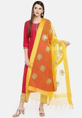 Yellow And Gold Toned Embroidered Dupatta