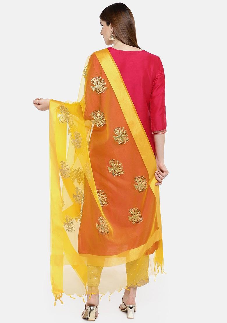 Yellow And Gold Toned Embroidered Dupatta
