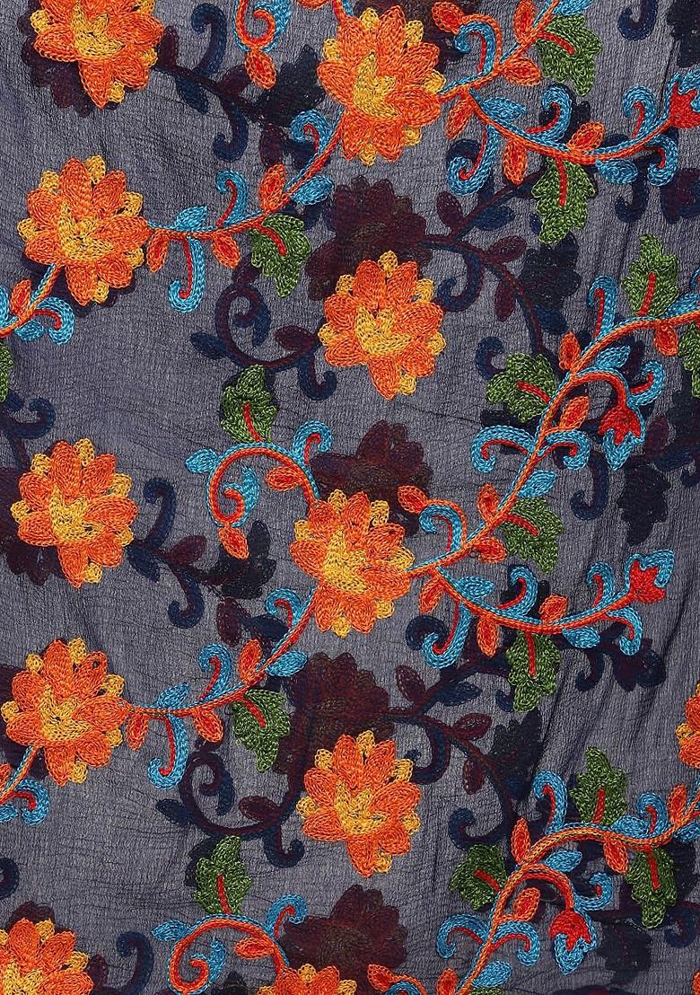 Navy Blue And Orange Embroidered Dupatta