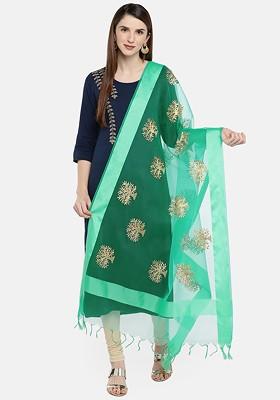 Green And Gold Toned Embroidered Dupatta
