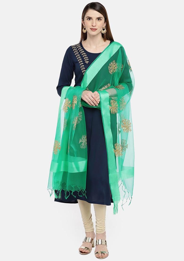 Green And Gold Toned Embroidered Dupatta