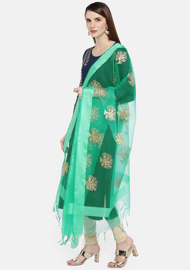 Green And Gold Toned Embroidered Dupatta