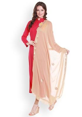 Beige And Gold Toned Gotta Patti Embroidered Chiffon Dupatta