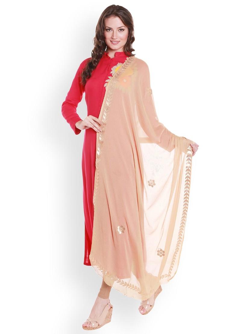 Beige And Gold Toned Gotta Patti Embroidered Chiffon Dupatta