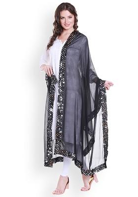 Black Mirror Work Embellished Chiffon Dupatta