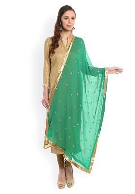 Green And Gold Toned Embroidered Dupatta