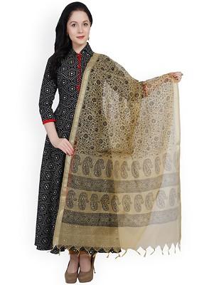 Beige Block Print Cotton Silk Dupatta