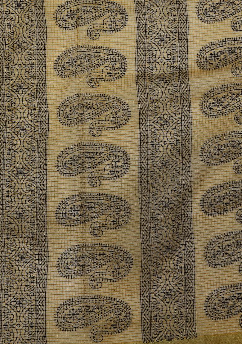 Beige Block Print Cotton Silk Dupatta