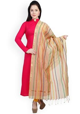 Beige Striped Chanderi Cotton Silk Dupatta