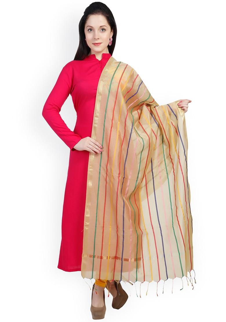 Beige Striped Chanderi Cotton Silk Dupatta