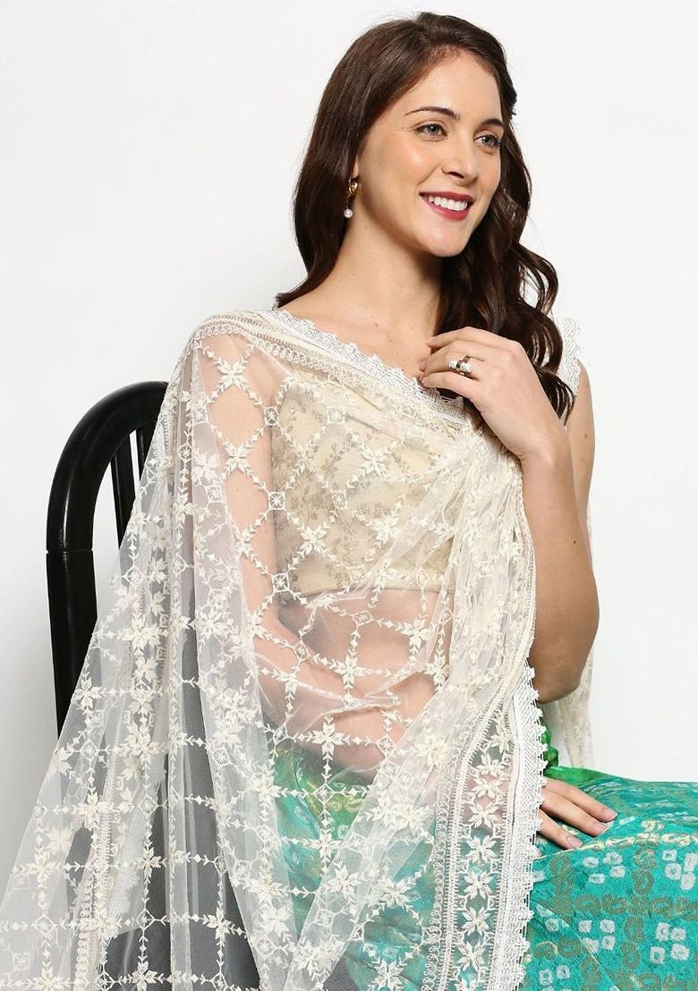 Off White And Gold Toned Embroidered Dupatta With Zari