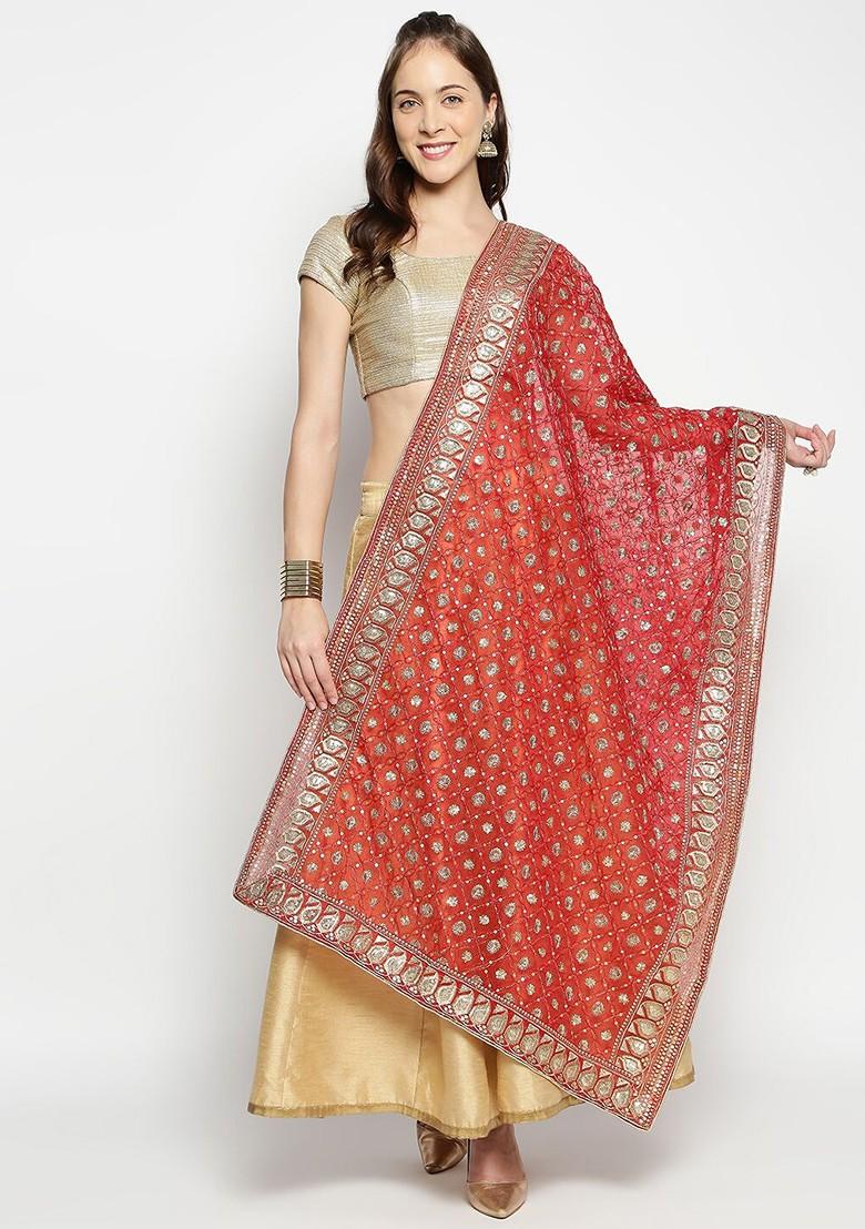 Red And Gold Toned Ethnic Motifs Embroidered Dupatta