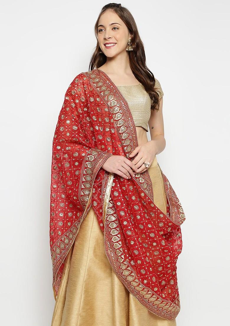Red And Gold Toned Ethnic Motifs Embroidered Dupatta
