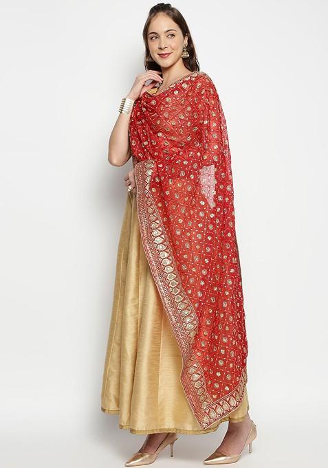 Red And Gold Toned Ethnic Motifs Embroidered Dupatta