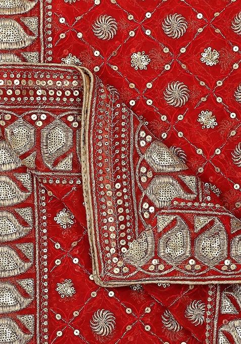 Red And Gold Toned Ethnic Motifs Embroidered Dupatta