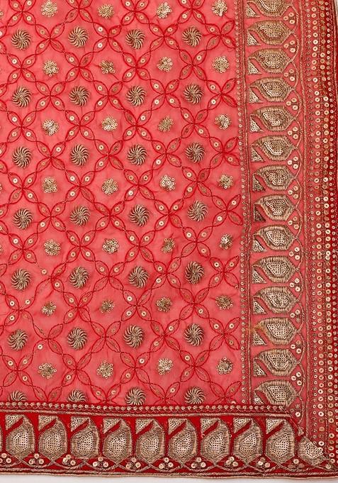 Red And Gold Toned Ethnic Motifs Embroidered Dupatta