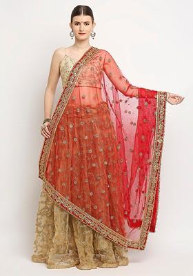 Women Red And Gold Toned Embroidered Net Dupatta