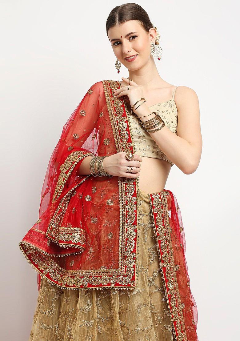 Women Red And Gold Toned Embroidered Net Dupatta