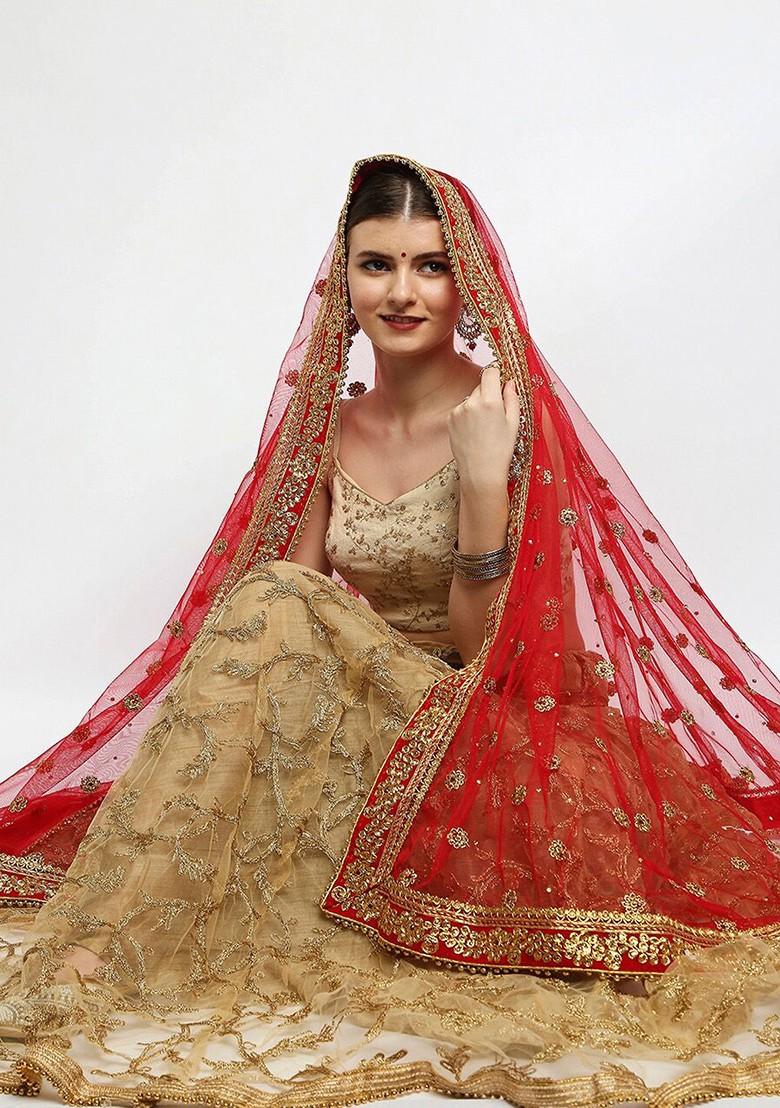 Women Red And Gold Toned Embroidered Net Dupatta