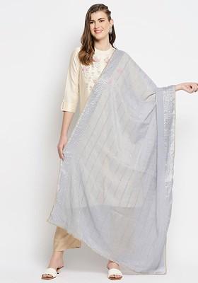 Silver Toned And Blue Woven Design Dupatta