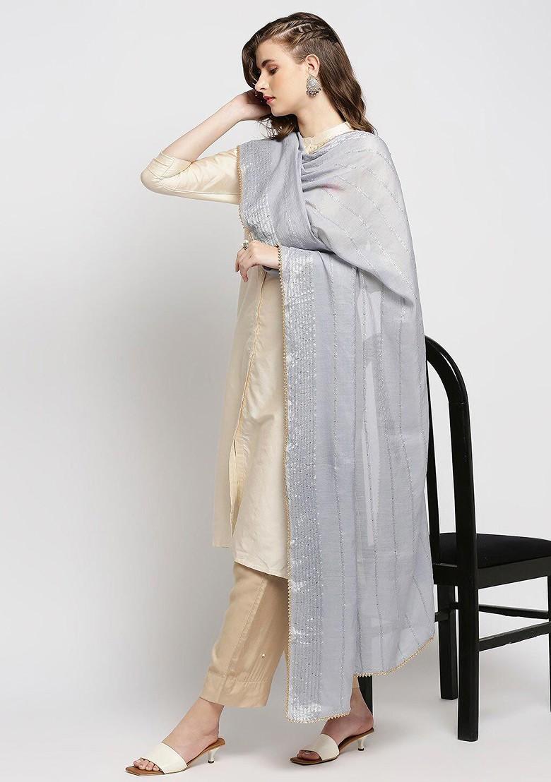 Silver Toned And Blue Woven Design Dupatta
