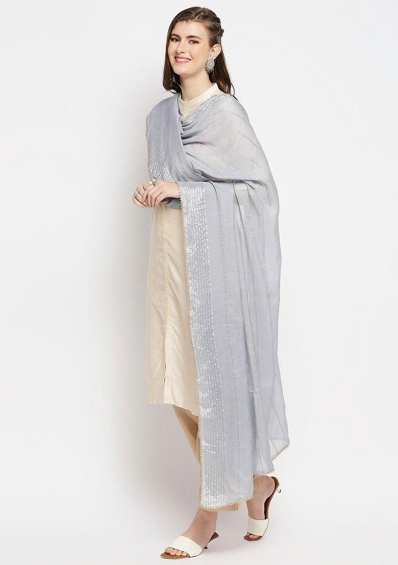 Silver Toned And Blue Woven Design Dupatta