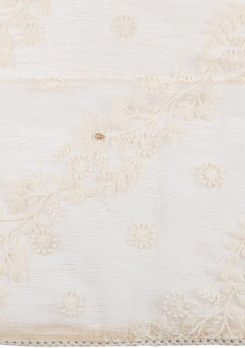 Cream Coloured And Beige Embroidered Dupatta