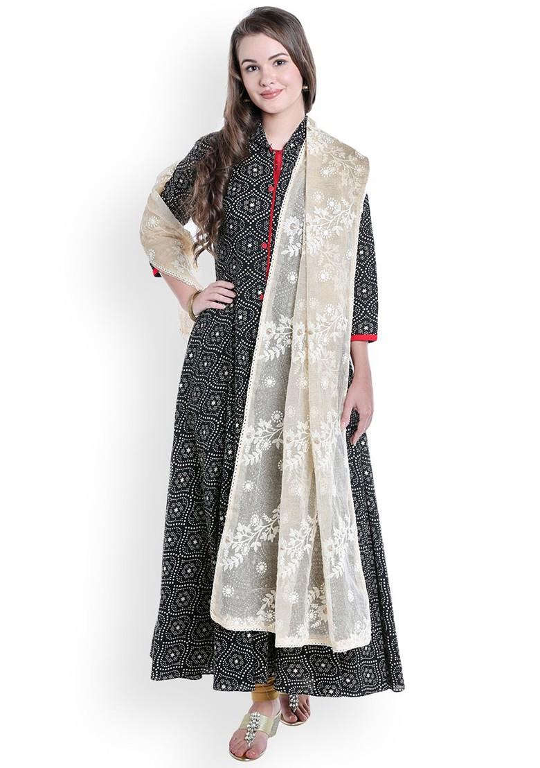 Cream Coloured And Beige Embroidered Dupatta